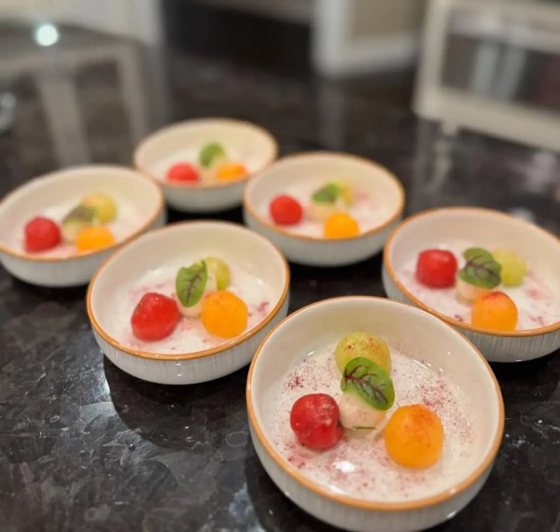 Coconut panna cotta, melon, passionfruit
