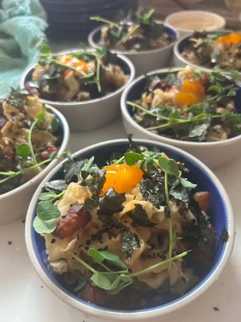 House pasta, cured egg yolk, crispy nori, pea shoots