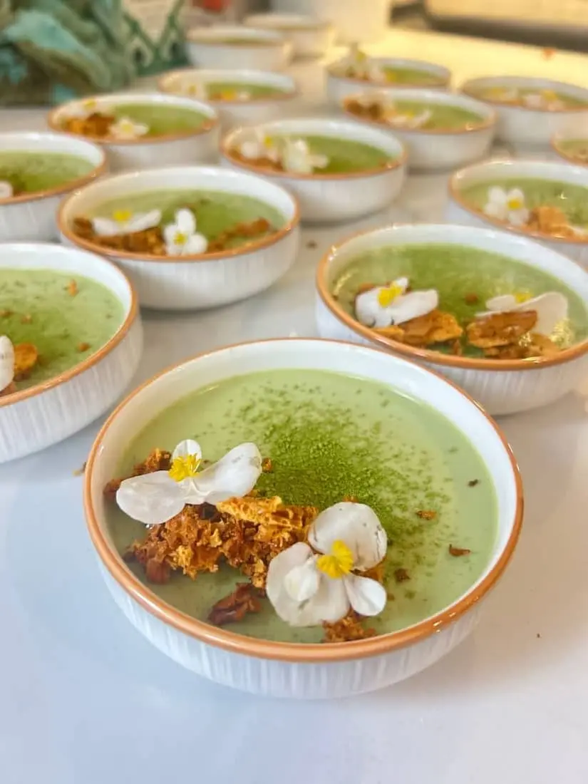 Matcha panna cotta, honeycomb, edible flowers
